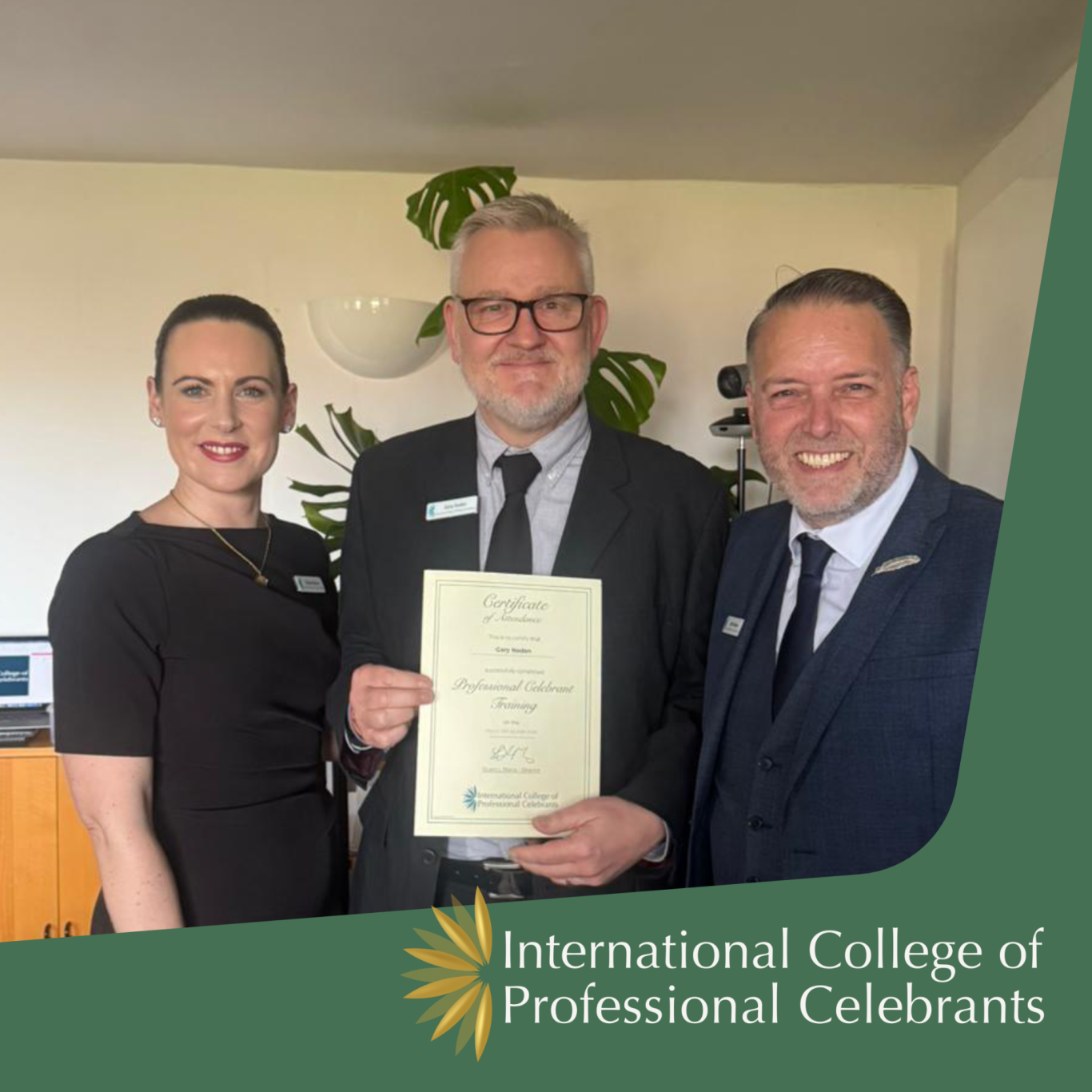 A picture of Gary Noden receiving his certificate from fello Celebrants and tutors Alyssa and Mike